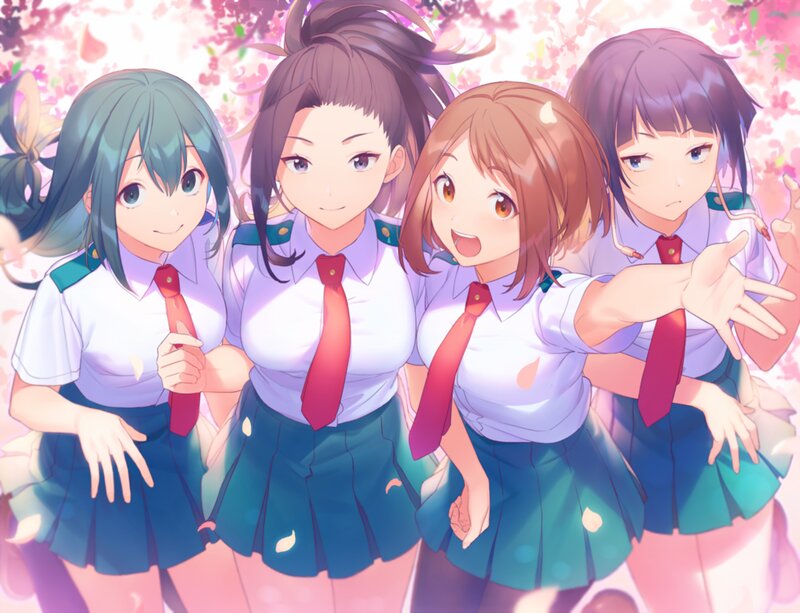 Four Girls in School Uniforms — Pink, Cheerful, Spring