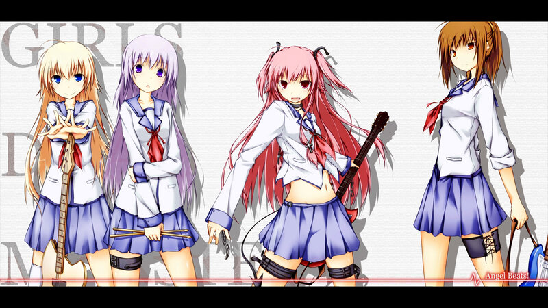 Four girls in school uniforms with instruments