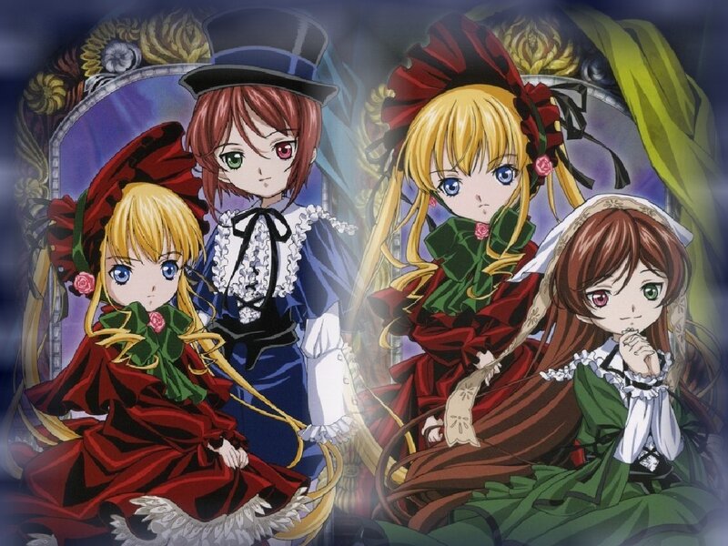 Four girls in Victorian-style dresses