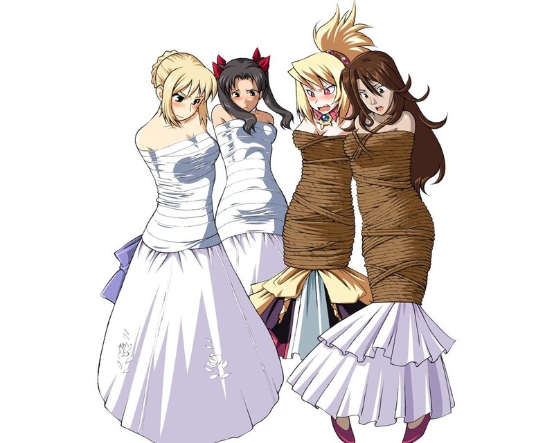 Four girls in wedding dresses