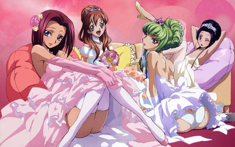 Four girls in wedding dresses