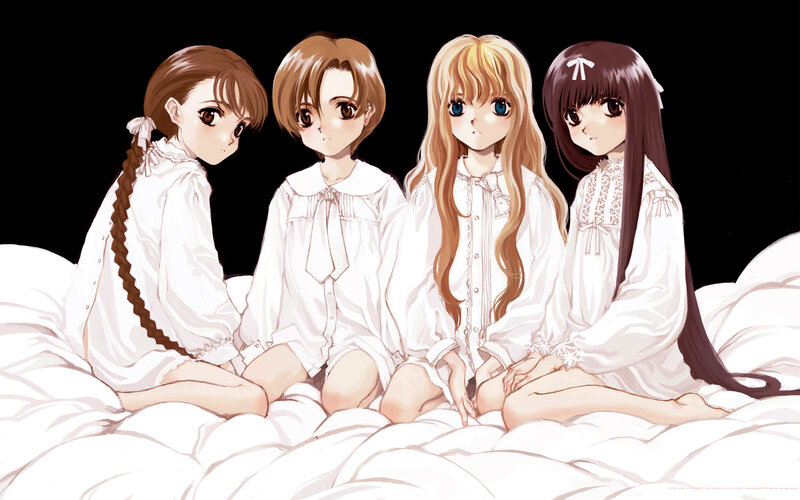 four girls in white nightgowns