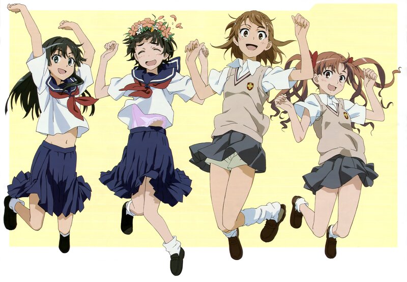 Four girls jumping in school uniforms