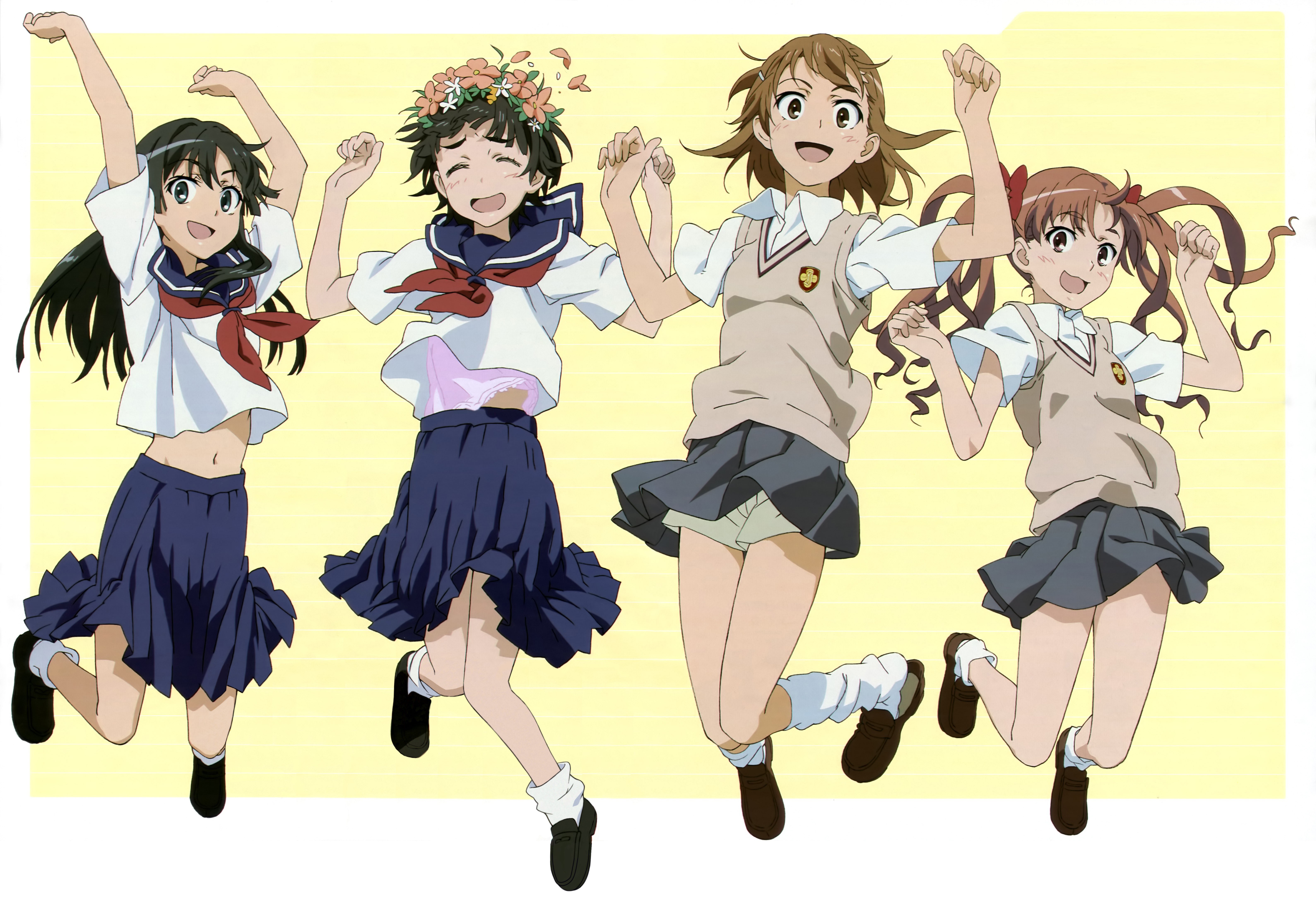 Four girls jumping in school uniforms