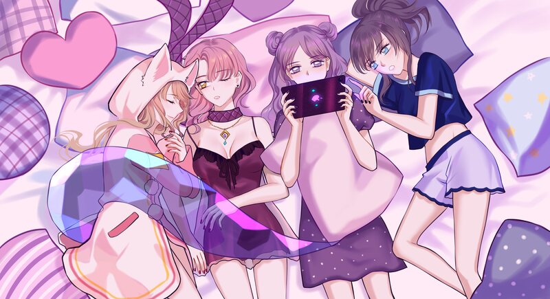 Four Girls on a Bed — Pink, Playful