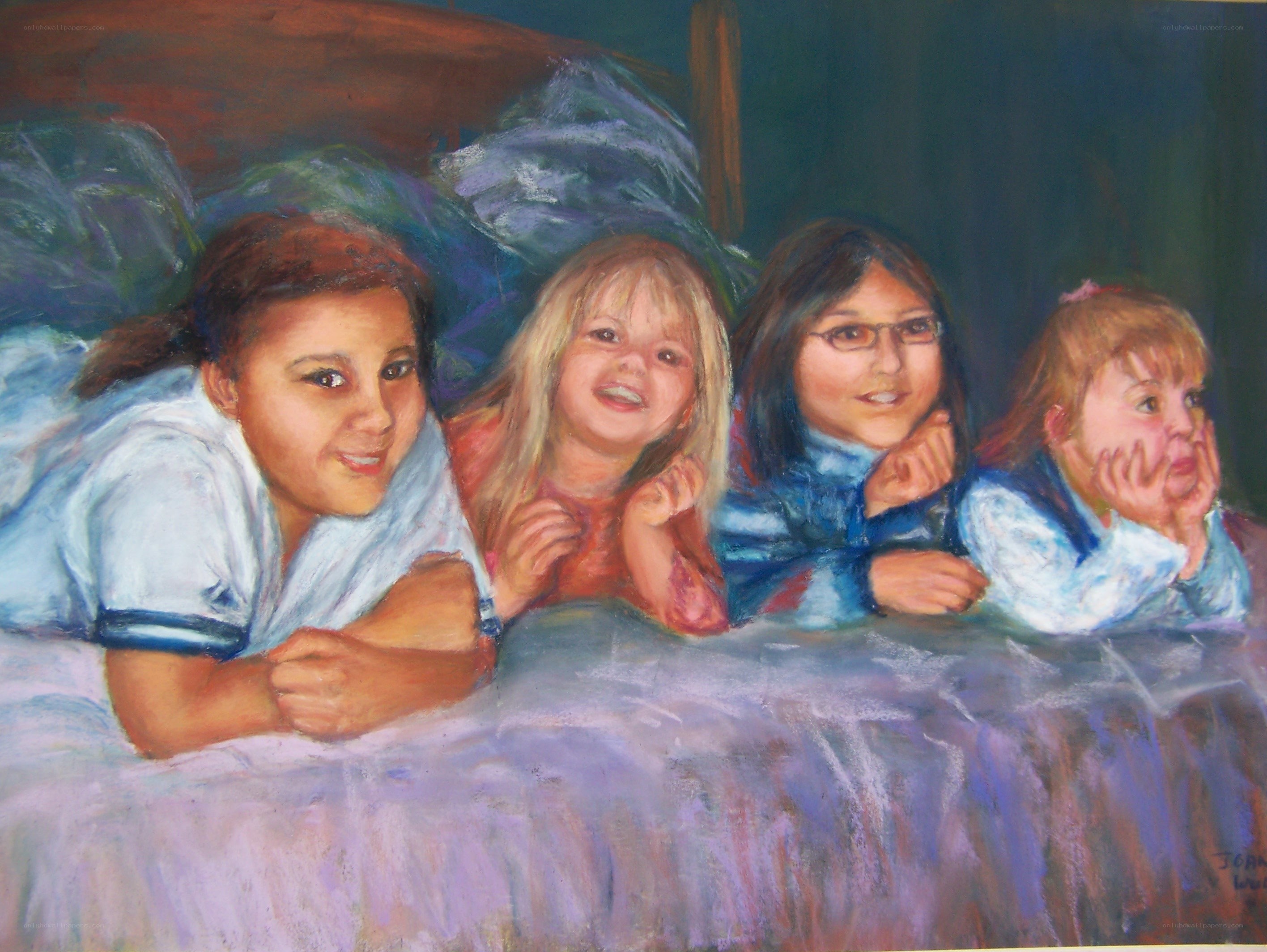 four girls on a bed