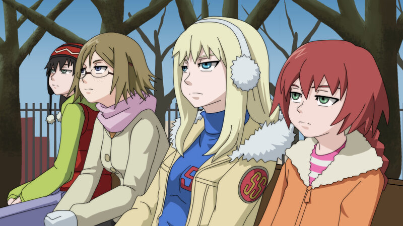 four girls on a bench