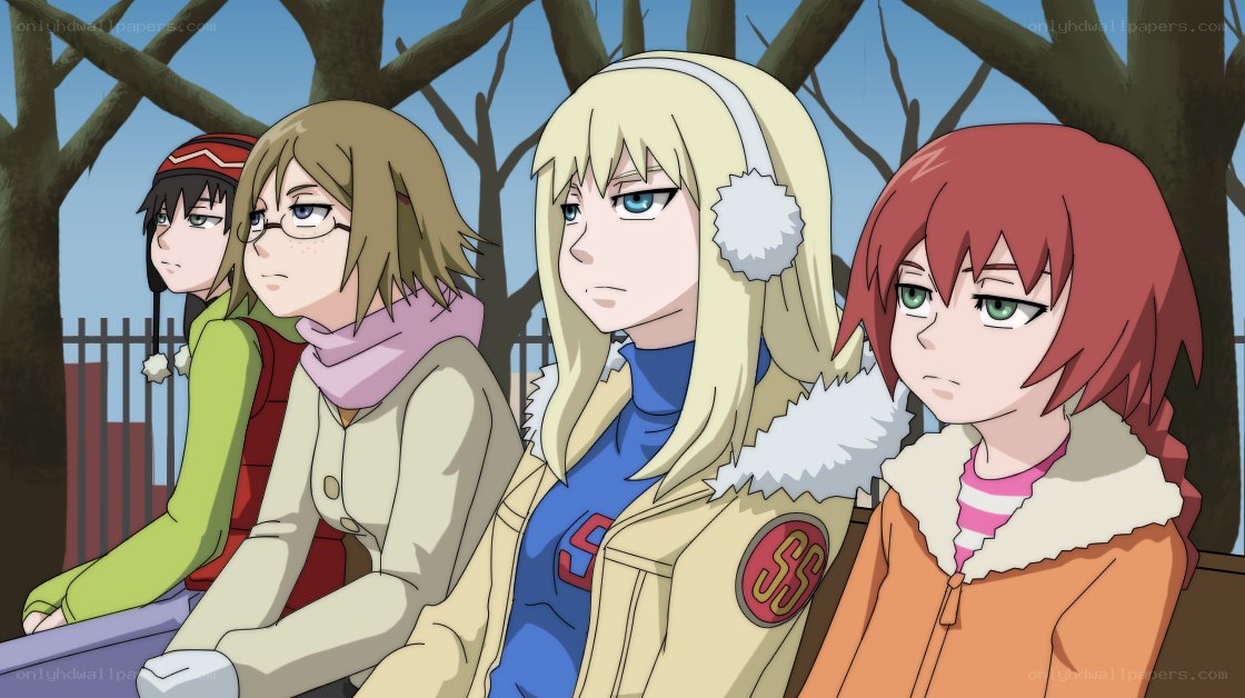four girls on a bench
