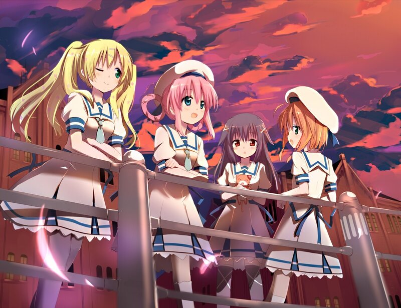 Four girls on a bridge at sunset