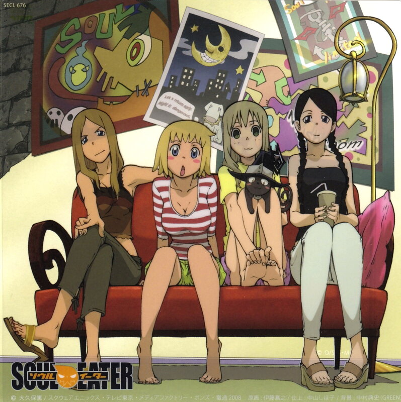 Four Girls on a Couch — Red, Relaxed, Anime