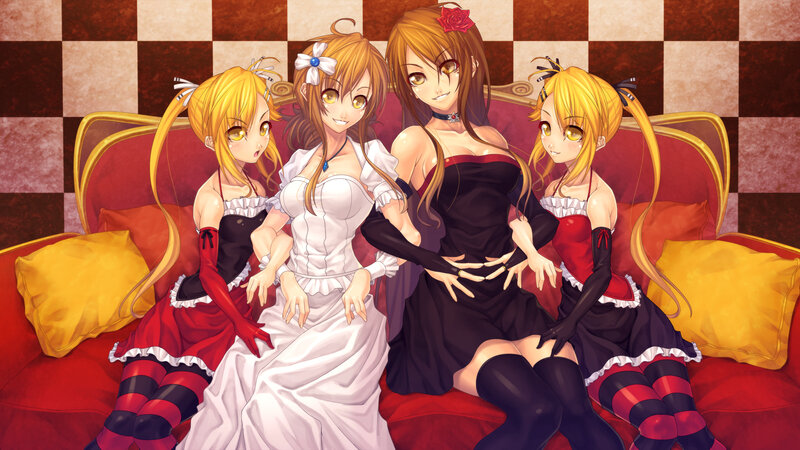 Four girls on a red couch