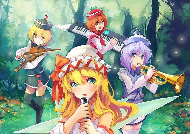Four girls playing music in a forest
