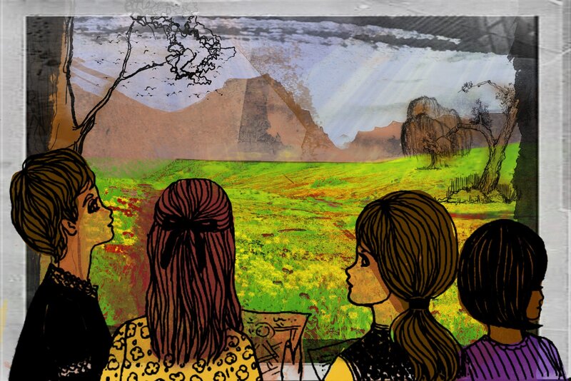 four girls viewing a landscape