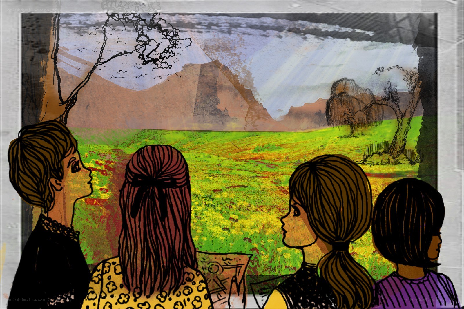 four girls viewing a landscape