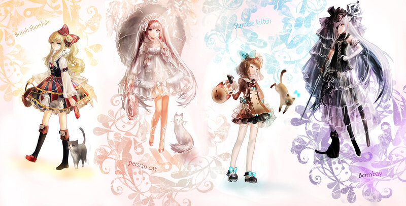 Four Girls with Cats