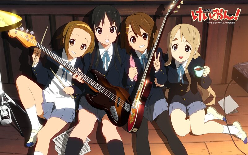 Four Girls with Instruments — Brown, Cheerful, Anime