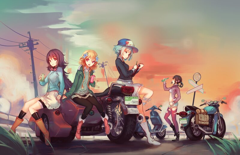 Four Girls with Motorcycles
