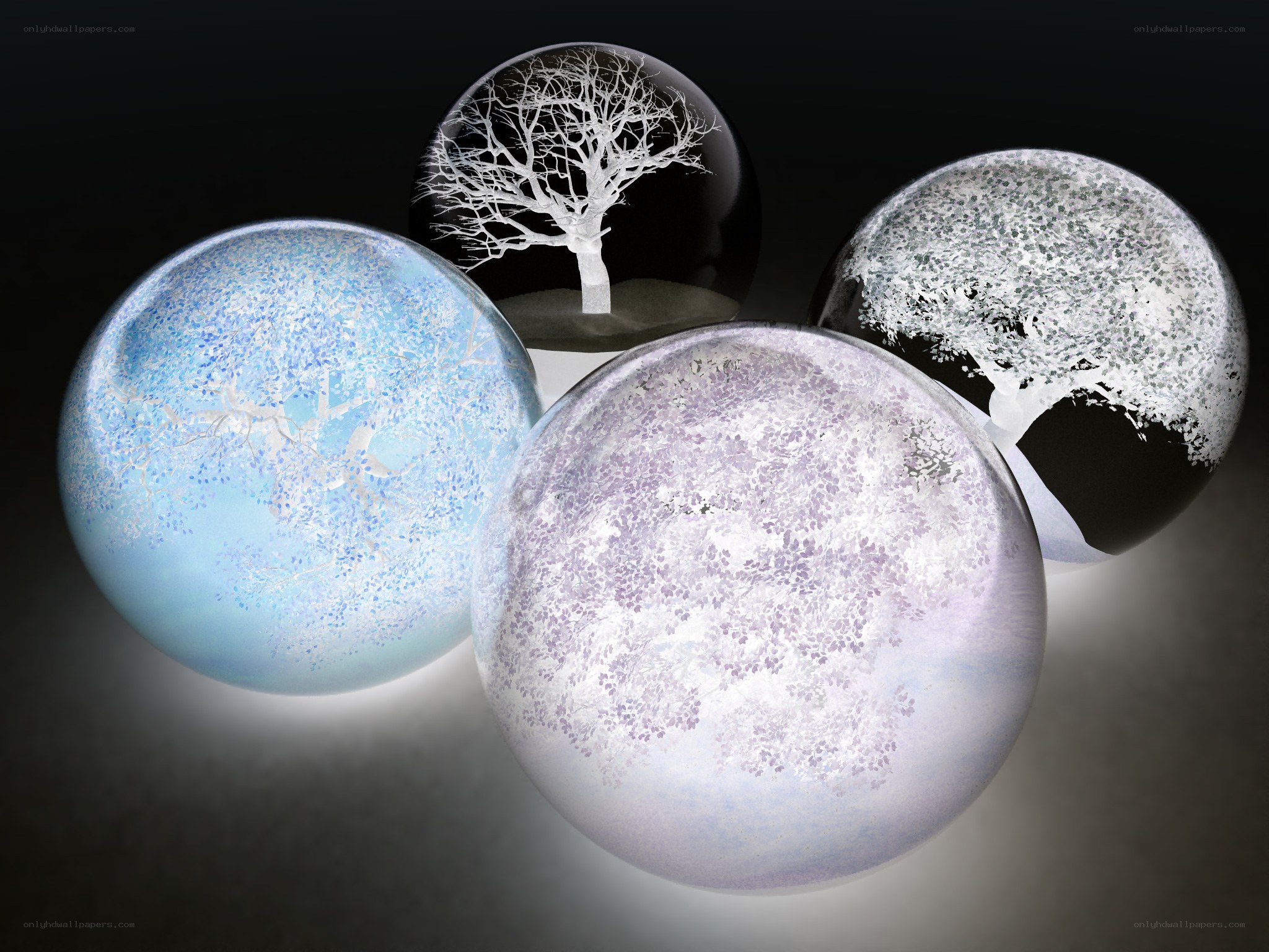 Four glass spheres with tree designs