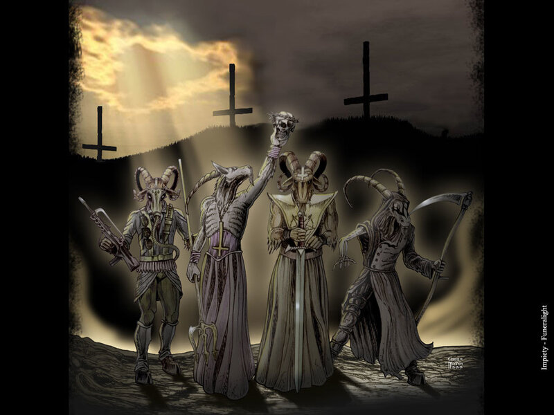 Four horned figures with weapons