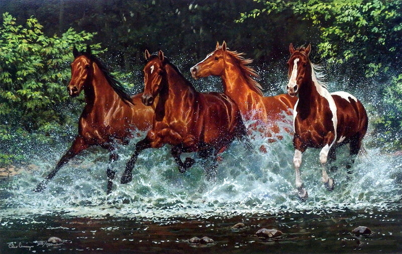 Four Horses Running — Brown, Dynamic, Painting