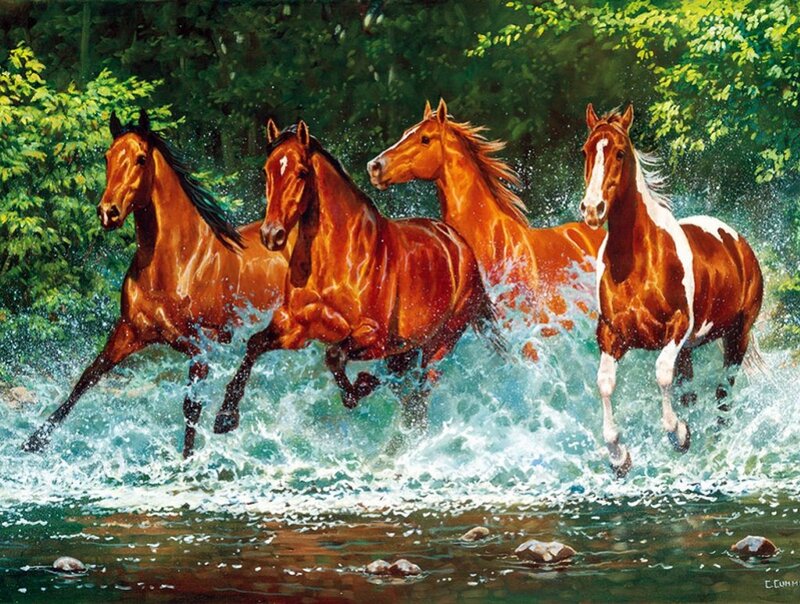 Four Horses Running in Water — Brown