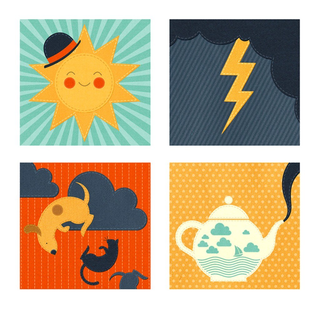 four illustrated weather scenes