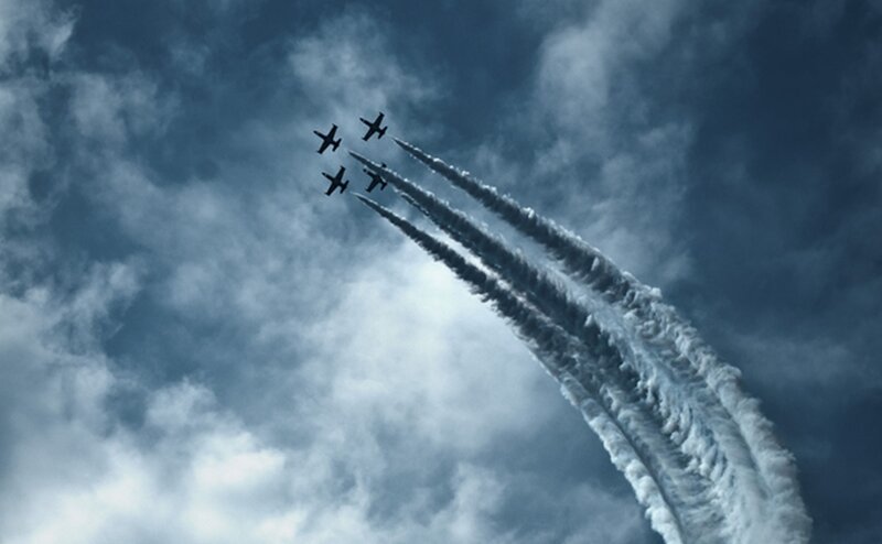Four Jets in Formation — Blue, Dramatic