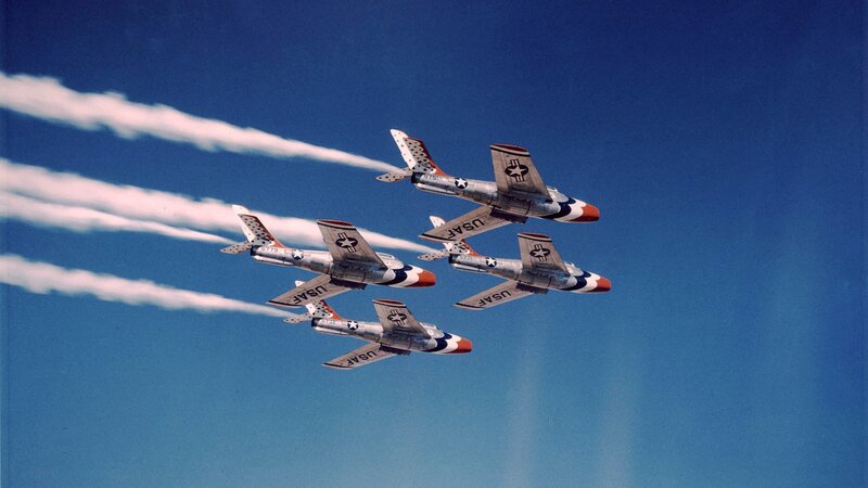 Four Jets in Formation — Blue, Dynamic, Afternoon, Photograph, Smoke Trails, Aircraft