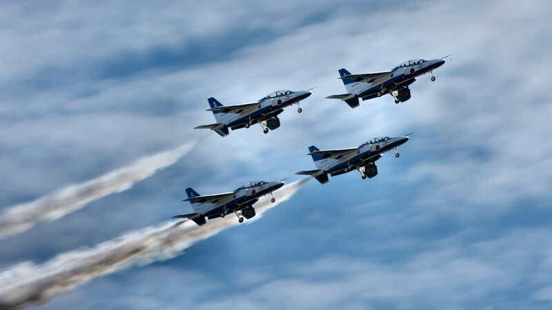 Four Jets in Formation — Blue, Dynamic, Afternoon