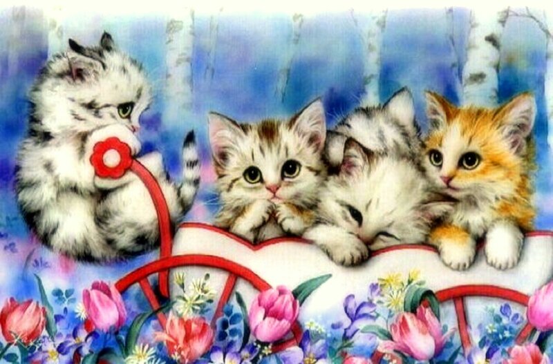 Four Kittens in a Basket — Blue