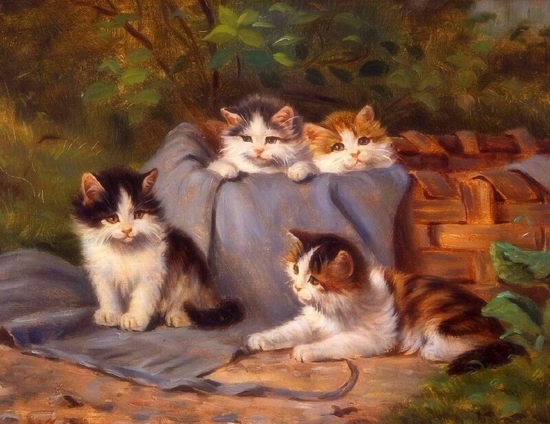 Four Kittens in Basket — Brown, Peaceful