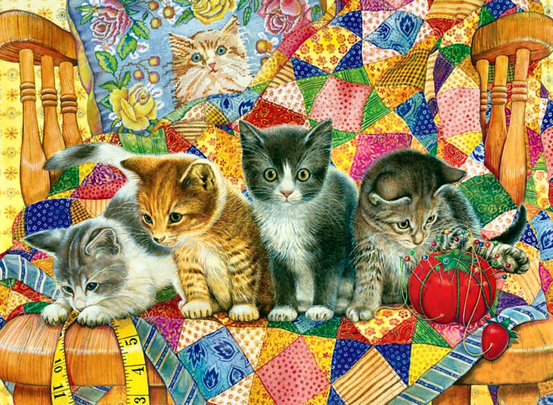 Four Kittens on Quilt — Yellow, Cozy
