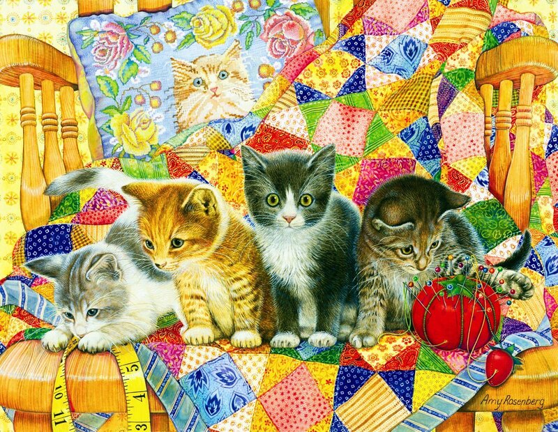 Four Kittens on Quilt — Yellow
