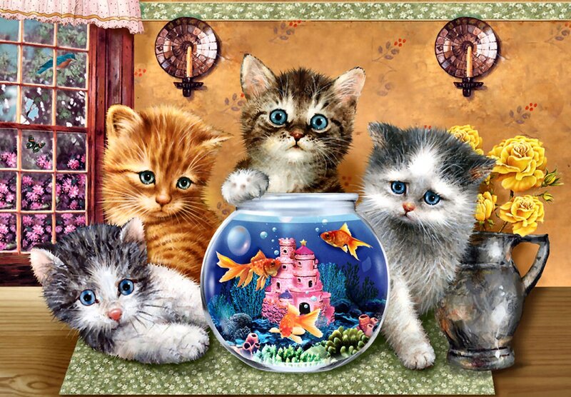 Four Kittens with Fishbowl — Brown