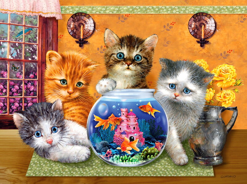 Four Kittens with Fishbowl