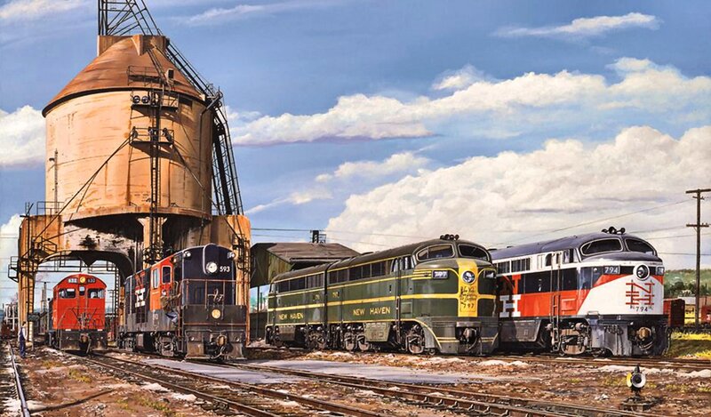 Four Locomotives on Tracks — Green