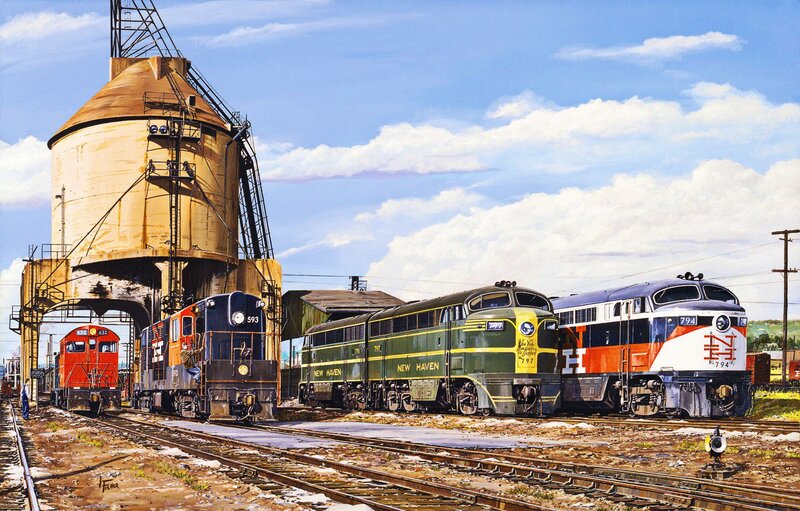 Four Locomotives on Tracks
