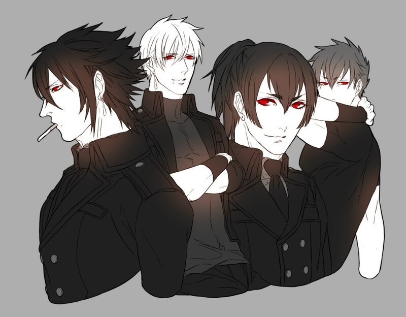 Four Male Anime Characters — Black, Dramatic, Red Eyes