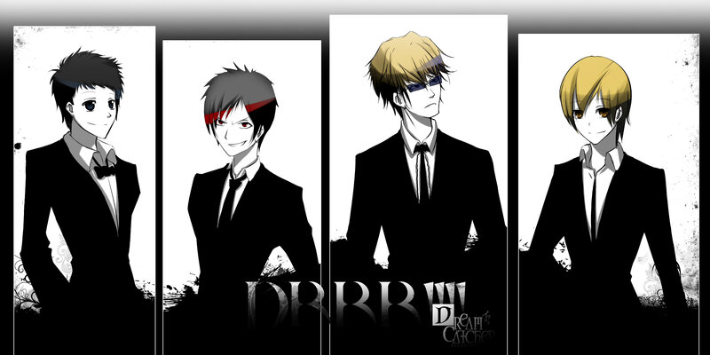 Four Male Anime Characters — Black, Dramatic, Suits