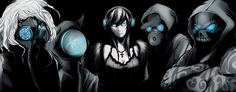 Four Masked Figures — Black, Dark