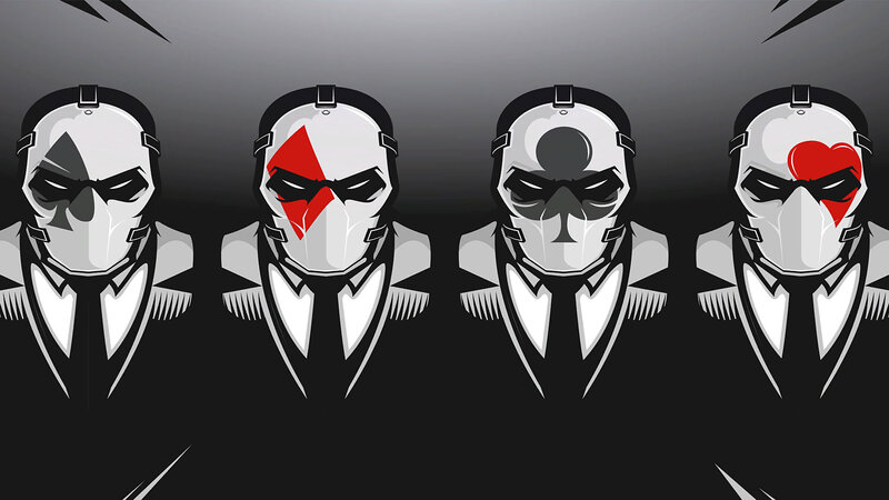 Four Masked Figures — Black, Dramatic