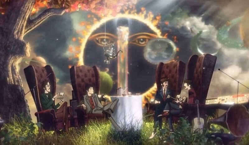 Four men at a surreal tea party