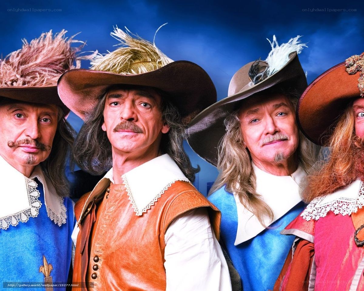 Four men in musketeer costumes