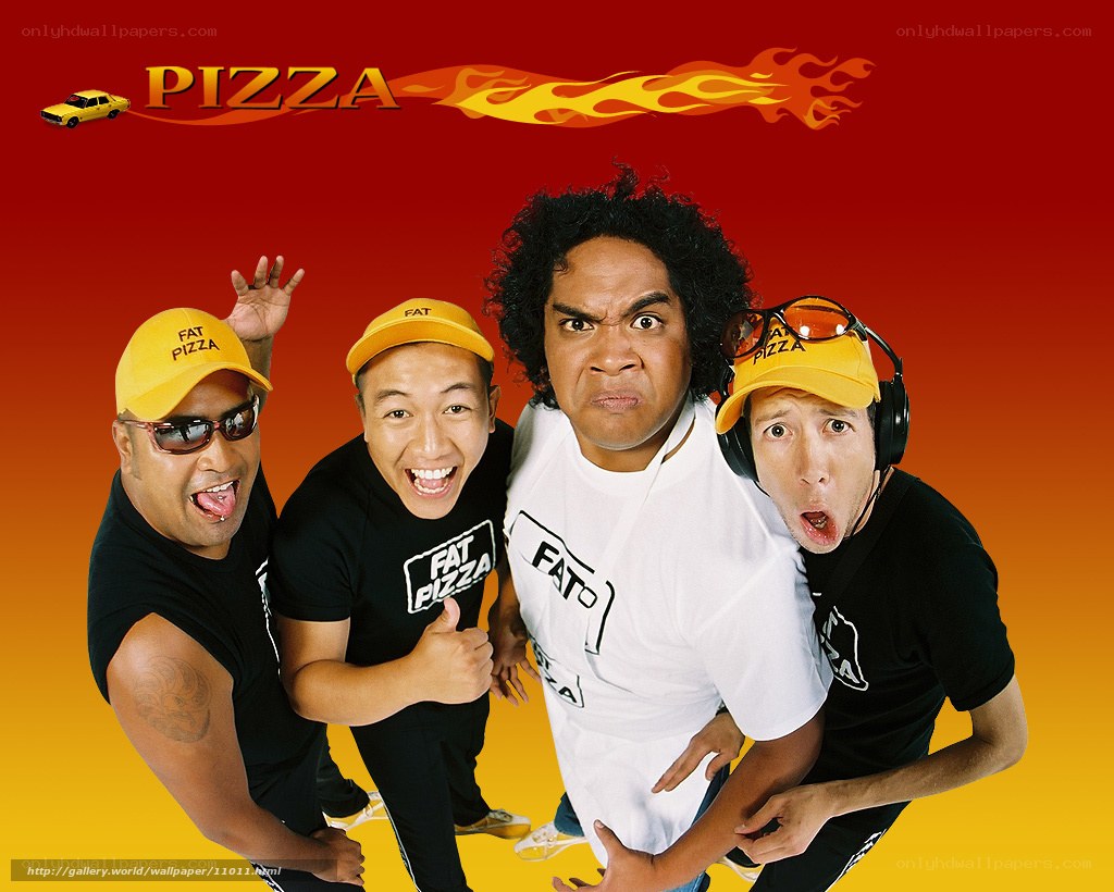 Four men in pizza hats