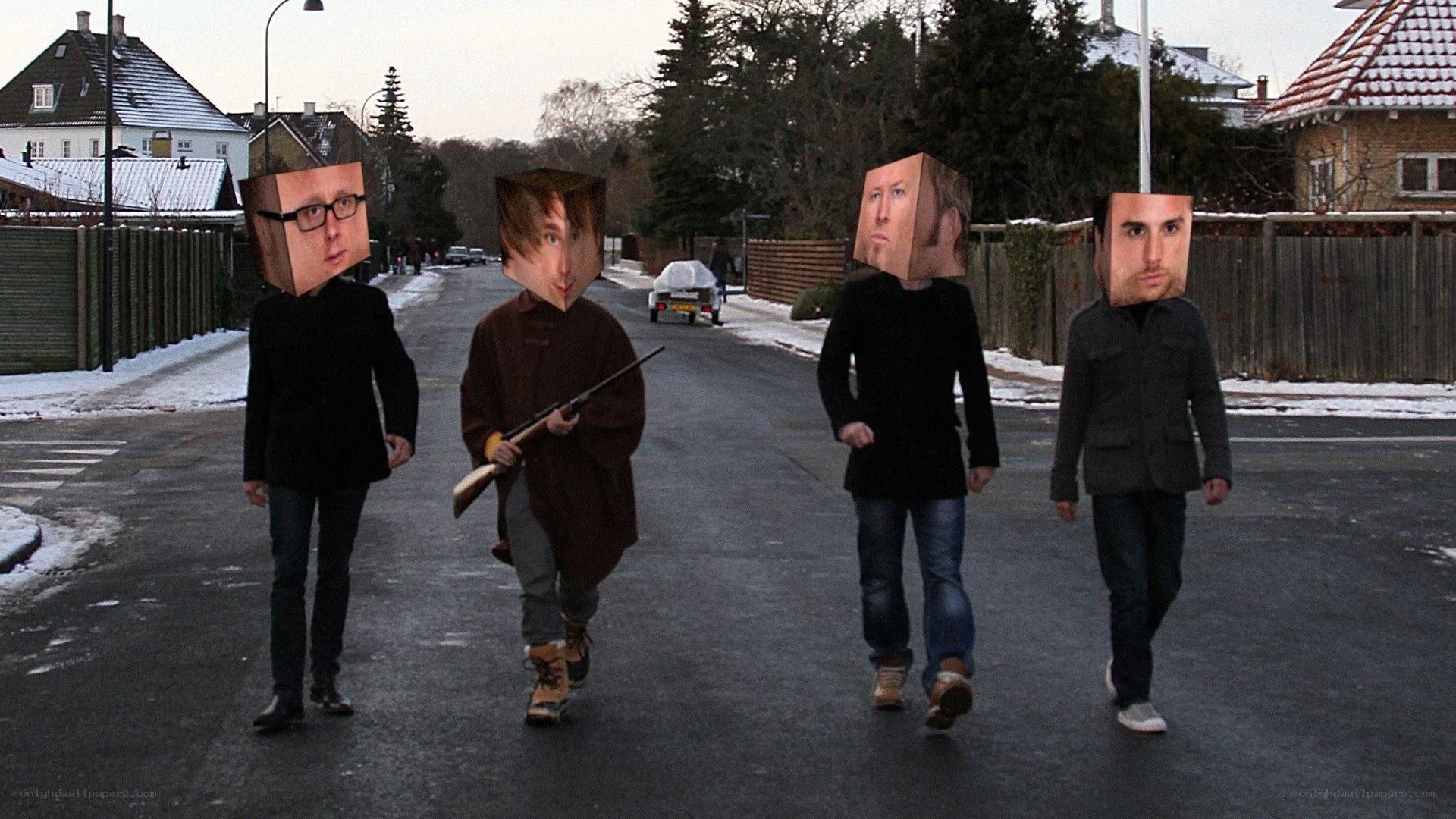 Four men with face masks on street