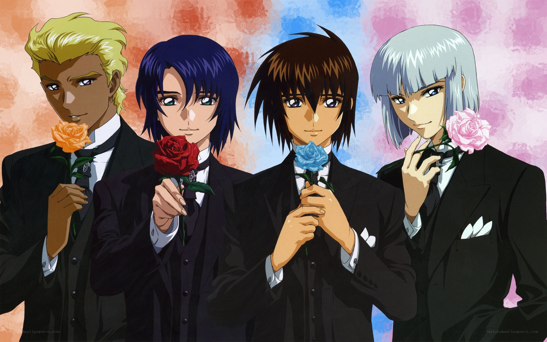 four men with roses in suits