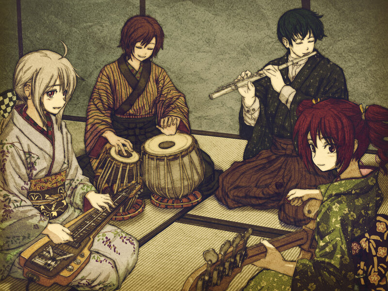 Four musicians in traditional attire