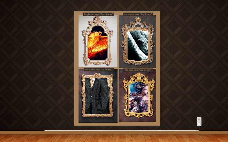 Four mythological creatures in ornate frames