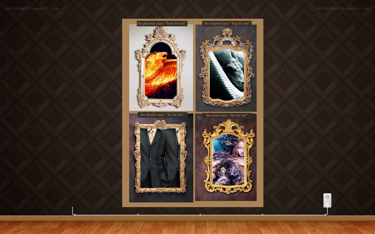 Four mythological creatures in ornate frames