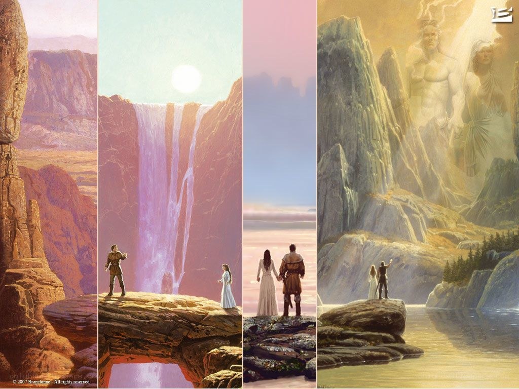 Four-panel fantasy landscape art